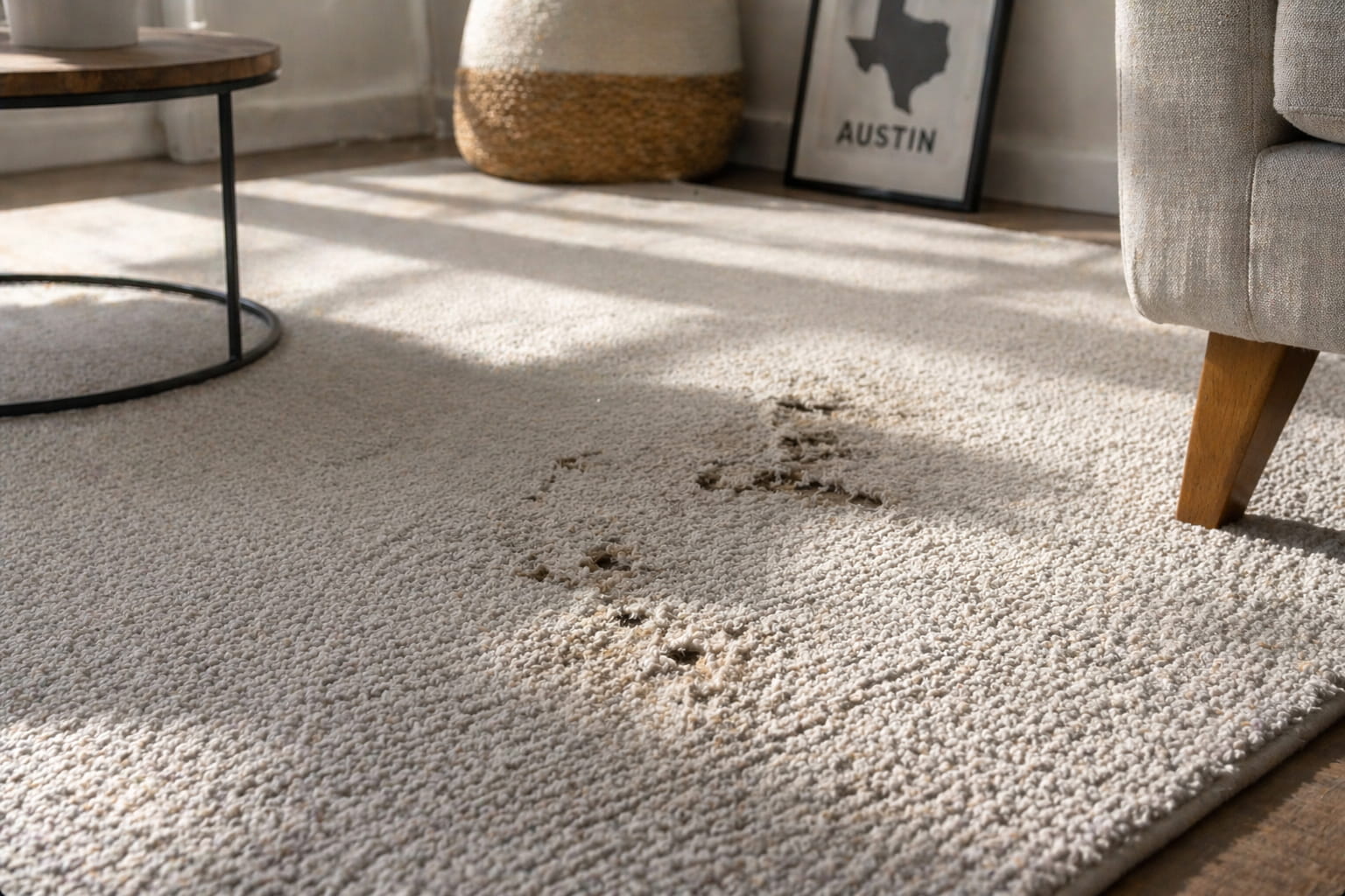 Carpet damage with small holes and worn fibers caused by carpet beetle larvae in a home