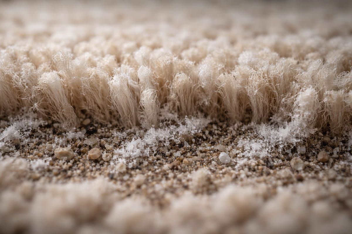 Close-up view of carpet fibers with embedded residue and dirt left behind after DIY carpet cleaning.
