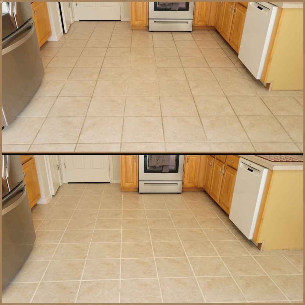 Kitchen tile floor before and after deep cleaning
