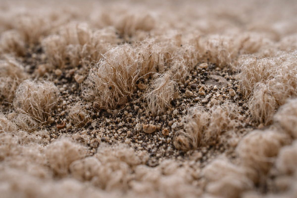 Close-up macro view of carpet fibers with embedded dirt and grit trapped deep in the pile, showing how soil builds up beneath the surface despite regular vacuuming.